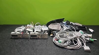 Mixed Lot Including 4 x GE Carescape Telemetry T4 ECG Transmitters with 2 x 5 Lead ECG Leads and 2 x 3 Lead ECG Leads, 2 x CME T34 Syringe Pumps (All Power Up with Stock Battery- Stock Battery Not Included and 1 x Cracked Case- See Photo) and Assorted Pat