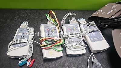 Mixed Lot Including 4 x GE Carescape Telemetry T4 ECG Transmitters with 2 x 5 Lead ECG Leads and 2 x 3 Lead ECG Leads, 2 x CME T34 Syringe Pumps (All Power Up with Stock Battery- Stock Battery Not Included and 1 x Cracked Case- See Photo) and Assorted Pat - 4