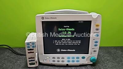 GE Datex Ohmeda S/5 F-FM-00 Patient Monitor (Powers Up) with 1 x GE E-PSMP-00 Module Including ECG, SpO2, NIBP, P1, P2, T1 and T2 Options *SN 6599335 / 6608519*