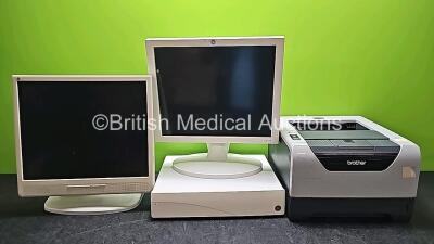 Mixed Lot Including 1 x GE CDA19T Monitor with 1 x GE CIC Pro MP100D, 1 x GE LCD Monitor, 1 x Brother HL-5350DN Printer, 1 x HP LaserJet P3015 Printer and 1 x HP XW4600 Workstation *HDD Removed* *SN DTL331I0214 / CUA45A00265 / SDY12121718GA* *Cage*