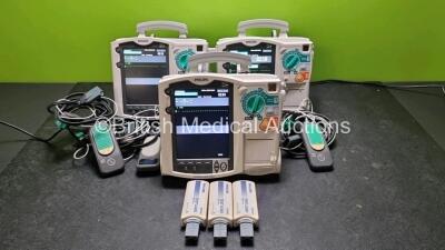 3 x Philips Heartstart MRx Defibrillators (All Power Up) Including ECG, C02 and Printer Options with 3 x Paddle Leads, 3 x Philips M3725A Test Loads, 3 x Laerdal QCPR Meters, 3 x Philips M3538A Batteries and 3 x Philips M3539A Modules