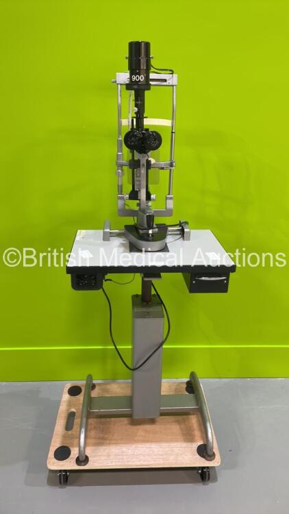 Haag Streit Bern SL900 Slit Lamp with 2 x 10x Eyepiece and Chin Rest on Hydraulic Table (Powers Up - 1 x Missing Rail Wheel)