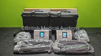 2 x ResMed Lumis 150 VPAP ST-A Units (Both Power Up) with 2 x Power Supplies, 2 x ResMed ClimateLineAir Oxy Tubes and 2 x ResMed Humidifier Chambers in Carry Bags *Like New in Box* *SN 22201178729 / 22201178217*