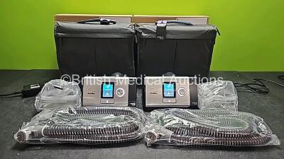 2 x ResMed Lumis 150 VPAP ST Units (Both Power Up) with 2 x Power Supplies, 2 x ResMed ClimateLineAir Oxy Tubes and 2 x ResMed Humidifier Chambers in Carry Bags *Like New in Box* *SN 22201151526 / 22201151906*