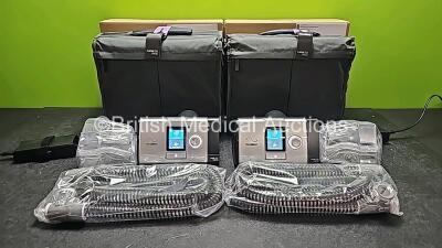 2 x ResMed Lumis 150 VPAP ST Units (Both Power Up) with 2 x Power Supplies, 2 x ResMed ClimateLineAir Oxy Tubes and 2 x ResMed Humidifier Chambers in Carry Bags *Like New in Box* *SN 22201151751 / 22201151444*