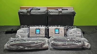 2 x ResMed Lumis 150 VPAP ST-A Units (Both Power Up) with 2 x Power Supplies, 2 x ResMed ClimateLineAir Oxy Tubes and 2 x ResMed Humidifier Chambers in Carry Bags *Like New in Box* *SN 22201178424 / 22201178426*