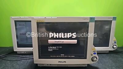 3 x Philips IntelliVue MP70 Patient Monitors (All Power Up, 1 x Missing Badge and 2 x Cracked Cases - See Photos) *SN DE84381731 / DE84380818 / DE61751511*