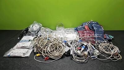 Job Lot Including Assorted Cuffs, NIBP Hoses, Unimed Adult Soft SpO2 Sensor, GE TruSignal SpO2 Interconnect Cable, Intersurgical EcoLite Mask, ECG Trunk Cable, Vital Sign 3 Lead ECG Lead, FingerTip Sensors and Various Patient Monitoring Leads *SN NA* *MAN