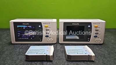 2 x Philips IntelliVue X2 Handheld Patient Monitors Including ECG, SpO2, NBP, Press and Temp Options (Both Power Up with Stock Batteries - Stock Batteries Not Included, 1 x Blank Screen, 1 x Missing Mfd Badge and 1 x Damaged Case- See Photos) with 2 x Phi