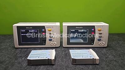 2 x Philips IntelliVue X2 Handheld Patient Monitors Including ECG, SpO2, NBP, Press and Temp Options (Both Power Up with Stock Batteries - Stock Batteries Not Included, 1 x Missing Mfd Badge and 1 x Damaged Case - See Photos) with 2 x Philips M4607A Batte