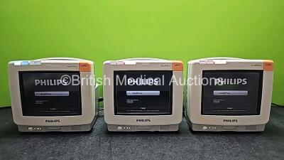 3 x Philips IntelliVue MP5 Patient Monitors Including ECG, SpO2 and NBP Options (All Power Up) *SN DE91340928 / DE91340927 / DE91340925*