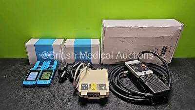 Mixed Lot Including 2 x Monidrop W Infusion Monitors (Both Power Up) with 2 x Power Supplies, 1 x Drager Air Shields Sensor Module Infant Incubator - P/N: MU12301/8300548-10, and 1 x deSoutter MA7 Pneumatic Foot Control Ref 9960 *SN 1041 / LW21817*