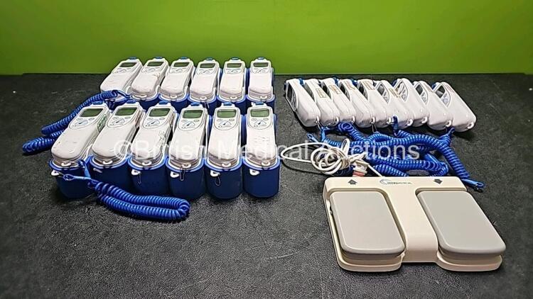 Mixed Lot Including 21 x Covidien Genius 2 Thermometers (12 x With Base, 9 x Without Base and 9 x Damaged - See Photo) and 1 x Seers Medical Rainbow Foot Controller