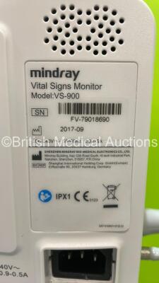 4 x Mindray VS-900 Vital Signs Monitors on Stands with Selection of Leads (All Power Up - 1 x Missing Side Cover - See Pictures) *S/N FV-79018694 / FV-6B03523 / FV-79018690* - 7