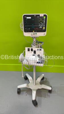 GE B125 Patient Monitor on Stand with IBP1, IBP2, T1, T2, SPO2, ECG and NIBP Options and GE E-miniC Gas Module with Mini D-Fend Water Trap (Powers Up - 1 x Missing Dial - See Photo) *S/N SQF20204737WA*