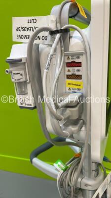 GE B125 Patient Monitor on Stand with IBP1, IBP2, T1, T2, SPO2, ECG and NIBP Options and GE E-miniC Gas Module with Mini D-Fend Water Trap (Powers Up - 1 x Missing Dial - See Photo) *S/N SQF20204737WA* - 4