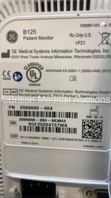 GE B125 Patient Monitor on Stand with IBP1, IBP2, T1, T2, SPO2, ECG and NIBP Options and GE E-miniC Gas Module with Mini D-Fend Water Trap (Powers Up - 1 x Missing Dial - See Photo) *S/N SQF20204737WA* - 6