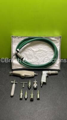 1 x Synthes Swiss 510.01 6244 Handpiece, 1 x Swiss Made Handpiece with Assorted Attachments, Chuck Key and Hose in Tray