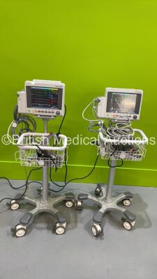 2 x EDAN iM50 Touch Screen Patient Monitors Including ECG, SpO2, NIBP, IBP1, IBP2, T1, T2 and CO2 Module Holder Options *Mfd 2020* with Selection of Cables (Both Power Up) *S/N 36069-M20407100041 / 360069-M20407100149*