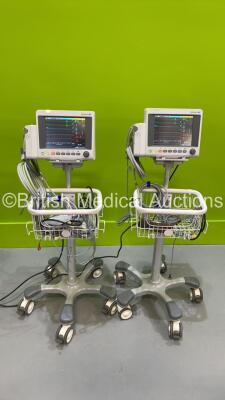 2 x EDAN iM50 Touch Screen Patient Monitors Including ECG, SpO2, NIBP, IBP1, IBP2, T1, T2 and CO2 Module Holder Options *Mfd 2020* with Selection of Cables (Both Power Up) *S/N 360069-M20407120020 / 360069-M20407110006*