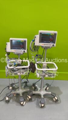 2 x EDAN iM50 Touch Screen Patient Monitors Including ECG, SpO2, NIBP, IBP1, IBP2, T1, T2 and CO2 Module Holder Options *Mfd 2020* with Selection of Cables (Both Power Up) *S/N 360069-M20407110071 / 360069-M2040710019*