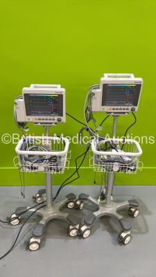 2 x EDAN iM50 Touch Screen Patient Monitors Including ECG, SpO2, NIBP, IBP1, IBP2, T1, T2 and CO2 Module Holder Options *Mfd 2020* with Selection of Cables (Both Power Up) *S/N 360069-M20407100116 / 360069-M20407100058*