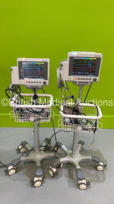 2 x EDAN iM50 Touch Screen Patient Monitors Including ECG, SpO2, NIBP, IBP1, IBP2, T1, T2 and CO2 Module Holder Options *Mfd 2020* with Selection of Cables (Both Power Up) *S/N 360069-M20407110120 / 360069-M20407100122*