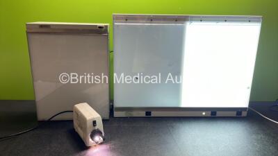 Mixed Lot Including 2 x X-Ray Light Boxes (1 x Powers Up with Missing Switch, 1 x Unable to Test Due to 3-Pin Plug) and 1 x Welch Allyn Solar Light Source (Powers Up)