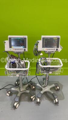 2 x EDAN iM50 Touch Screen Patient Monitors Including ECG, SpO2, NIBP, IBP1, IBP2, T1, T2 and CO2 Module Holder Options *Mfd 2020* with Selection of Cables (Both Power Up) *S/N 360069-M20407100050 / 360069-M20407140070*