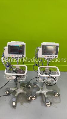 2 x EDAN iM50 Touch Screen Patient Monitors Including ECG, SpO2, NIBP, IBP1, IBP2, T1, T2 and CO2 Module Holder Options *Mfd 2020* with Selection of Cables (Both Power Up) *S/N 360069-M20407110087 / 360069-M20407100080*