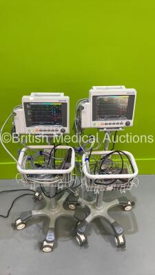 2 x EDAN iM50 Touch Screen Patient Monitors Including ECG, SpO2, NIBP, IBP1, IBP2, T1, T2 and CO2 Module Holder Options *Mfd 2020* with Selection of Cables (Both Power Up) *S/N 360069-M20407110076 / 360069-M20407100045*