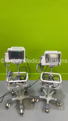 2 x EDAN iM50 Touch Screen Patient Monitors Including ECG, SpO2, NIBP, IBP1, IBP2, T1, T2 and CO2 Module Holder Options *Mfd 2020* with Selection of Cables (Both Power Up) *S/N 360069-M204071320019 / 360069-M20407100061*