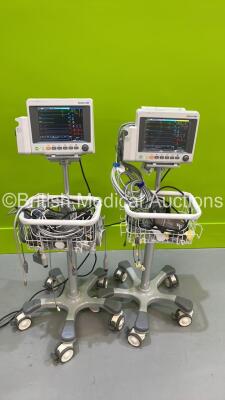 2 x EDAN iM50 Touch Screen Patient Monitors Including ECG, SpO2, NIBP, IBP1, IBP2, T1, T2 and CO2 Module Holder Options *Mfd 2020* with Selection of Cables (Both Power Up) *S/N 360069-M20407120039 / 360069-M20407110136*