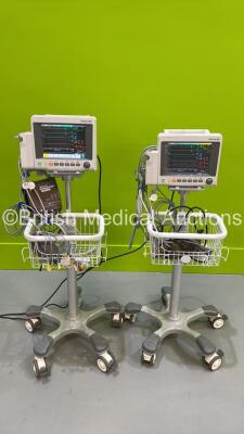 2 x EDAN iM50 Touch Screen Patient Monitors Including ECG, SpO2, NIBP, IBP1, IBP2, T1, T2 and CO2 Module Holder Options *Mfd 2020* with Selection of Cables (Both Power Up) *S/N 360069-m20407110055 / 360069-M20407140073*