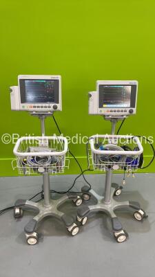 2 x EDAN iM50 Touch Screen Patient Monitors Including ECG, SpO2, NIBP, IBP1, IBP2, T1, T2 and CO2 Module Holder Options *Mfd 2020* with Selection of Cables (Both Power Up) *S/N 360069-M204071420019 / 3600689-M20407120046*