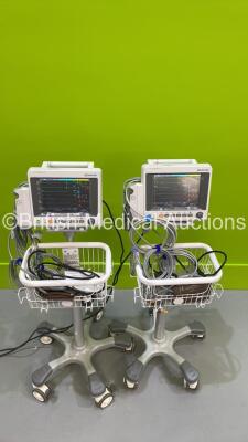 2 x EDAN iM50 Touch Screen Patient Monitors Including ECG, SpO2, NIBP, IBP1, IBP2, T1, T2 and CO2 Module Holder Options *Mfd 2020* with Selection of Cables (Both Power Up) *S/N 36009-M20407110094 / 360069-M20407110056*