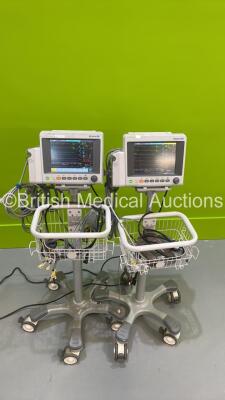 2 x EDAN iM50 Touch Screen Patient Monitors Including ECG, SpO2, NIBP, IBP1, IBP2, T1, T2 and CO2 Module Holder Options *Mfd 2020* with Selection of Cables (Both Power Up) *S/N 360069-M20407110086 / 260069-M20407120090*