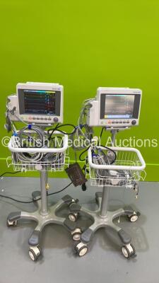 2 x EDAN iM50 Touch Screen Patient Monitors Including ECG, SpO2, NIBP, IBP1, IBP2, T1, T2 and CO2 Module Holder Options *Mfd 2020* with Selection of Cables (Both Power Up) *S/N 360069-M204071600056 / 3600689-M2040710024*