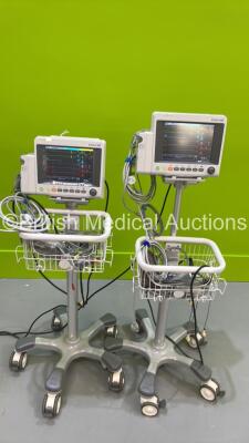 2 x EDAN iM50 Touch Screen Patient Monitors Including ECG, SpO2, NIBP, IBP1, IBP2, T1, T2 and CO2 Module Holder Options *Mfd 2020* with Selection of Cables (Both Power Up) *S/N 360069-M20407120072 / 360069-M2040710054*