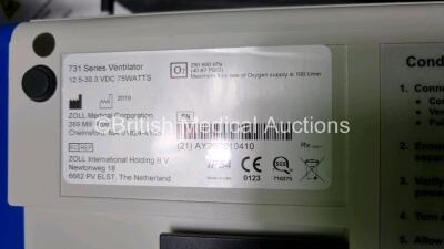 Zoll Z-Vent 731 Series Ventilator *Mfd 2019* EMV Version 05.22.00, SPM Version 05.20.00, Hours of Operation - 9 Minutes (Powers Up - Like New) In Case with 1 x Infants Circuit Kit Ref 499-0027-0, 1 x Hose Ref HA1DSX1.B and 1 x AC / DC Power Supply - 9