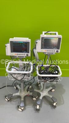 2 x EDAN iM50 Touch Screen Patient Monitors Including ECG, SpO2, NIBP, IBP1, IBP2, T1, T2 and CO2 Module Holder Options *Mfd 2020* with Selection of Cables (Both Power Up) *S/N 360069-M20407130075 / 360069-M20407100034*