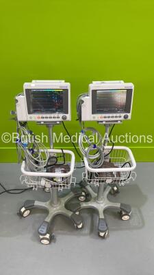 2 x EDAN iM50 Touch Screen Patient Monitors Including ECG, SpO2, NIBP, IBP1, IBP2, T1, T2 and CO2 Module Holder Options *Mfd 2020* with Selection of Cables (Both Power Up) *S/N 360069-M20407110011 / 360069-M20407100089*