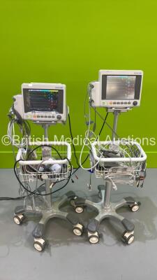 2 x EDAN iM50 Touch Screen Patient Monitors Including ECG, SpO2, NIBP, IBP1, IBP2, T1, T2 and CO2 Module Holder Options *Mfd 2020* with Selection of Cables (Both Power Up) *S/N 360069-M20407100017 / 360069-M20407130080*