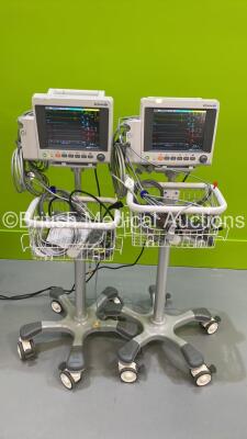 2 x EDAN iM50 Touch Screen Patient Monitors Including ECG, SpO2, NIBP, IBP1, IBP2, T1, T2 and CO2 Module Holder Options *Mfd 2020* with Selection of Cables (Both Power Up) *S/N 360069-M20407100148 / 360069-M20407100015*