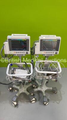 2 x EDAN iM50 Touch Screen Patient Monitors Including ECG, SpO2, NIBP, IBP1, IBP2, T1, T2 and CO2 Module Holder Options *Mfd 2020* with Selection of Cables (Both Power Up) *S/N 360069-M20407100133 / 360069-M20407110102*