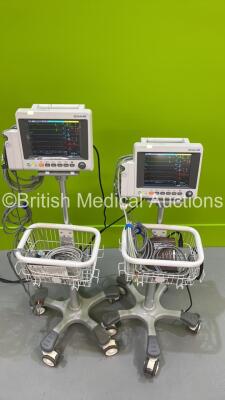 2 x EDAN iM50 Touch Screen Patient Monitors Including ECG, SpO2, NIBP, IBP1, IBP2, T1, T2 and CO2 Module Holder Options *Mfd 2020* with Selection of Cables (Both Power Up) *S/N 360096-M20407110035 / 360069-M20407110043*