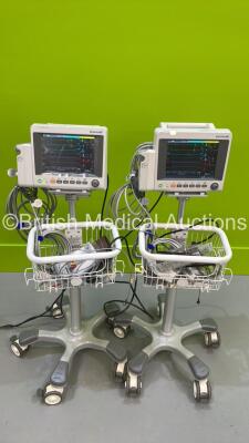 2 x EDAN iM50 Touch Screen Patient Monitors Including ECG, SpO2, NIBP, IBP1, IBP2, T1, T2 and CO2 Module Holder Options *Mfd 2020* with Selection of Cables (Both Power Up) *S/N 360069-M20407130085 / 360069-M20407100083*