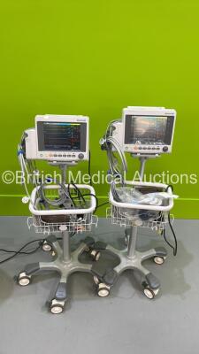 2 x EDAN iM50 Touch Screen Patient Monitors Including ECG, SpO2, NIBP, IBP1, IBP2, T1, T2 and CO2 Module Holder Options *Mfd 2020* with Selection of Cables (Both Power Up) *S/N 360096-0M20407110036 / 360069-M20407110089*