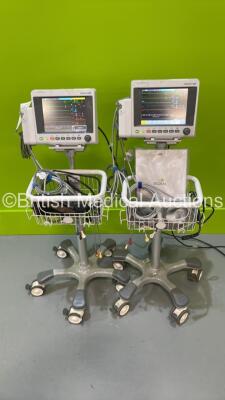 2 x EDAN iM50 Touch Screen Patient Monitors Including ECG, SpO2, NIBP, IBP1, IBP2, T1, T2 and CO2 Module Holder Options *Mfd 2020* with Selection of Cables (Both Power Up) *S/N 360069-M02040715001 / 360069-M20407130098*