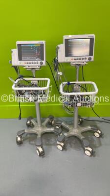 2 x EDAN iM50 Touch Screen Patient Monitors Including ECG, SpO2, NIBP, IBP1, IBP2, T1, T2 and CO2 Module Holder Options *Mfd 2020* with Selection of Cables (Both Power Up) *S/N 360069-M020407100141 / 360069-M20407100126*